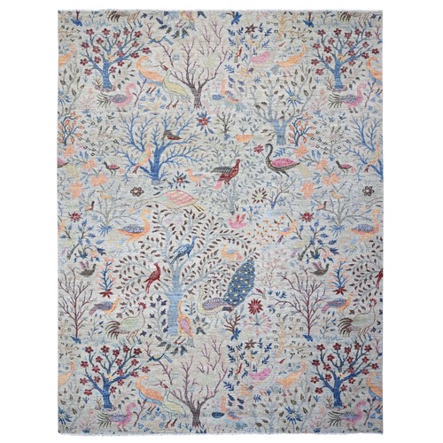 Goose Gray, Birds of Paradise Tree of Life Afghan Peshawar, All Wool, Hand Knotted, Vegetable Dyes, Oriental 