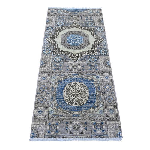 Abalone Gray, Aryana Collection, Mamluk Design With All Over Large Geometric Motifs, Hand Knotted, Vibrant Wool, Natural Dyes, Runner Oriental Rug