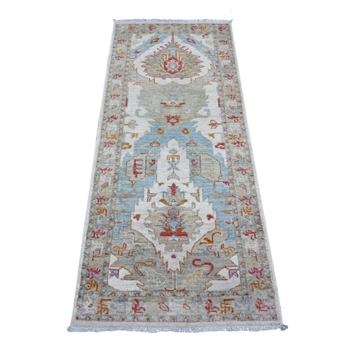 Vista White, Shiny Wool, Hand Knotted Peshawar, Natural Dyes, Fine Aryana With All Over Geometric Leaf Design, Oriental Runner Rug