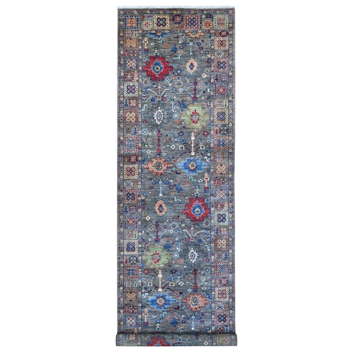 Corporate Gray, Aryana Collection, Natural Dyes, Extra Soft Wool, Ziegler Mahal All Over Colorful Design, Hand Knotted, Wide Runner Oriental 