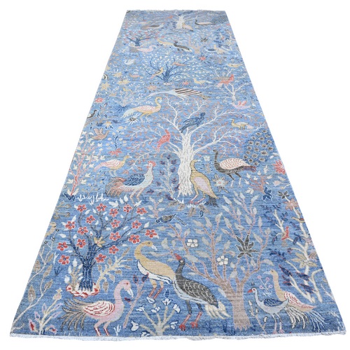 Crayola Blue, Hand Knotted, Natural Dyes, Soft and Shiny Wool, Birds of Paradise, Tree of Life Afghan Peshawar Wide Runner Oriental Rug