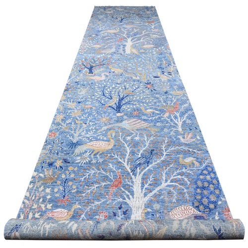 Cerulean Blue, Extra Soft Wool, Birds of Paradise, Hand Knotted, Natural Dyes, Tree of Life Afghan Peshawar Wide Runner Oriental 