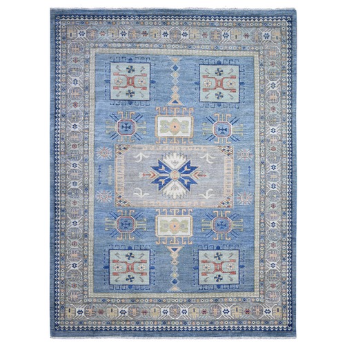 Turquoise Blue, Soft and Shiny Wool, Fine Peshawar All Over Geometric Design With Central Medallion, Vegetable Dyes, Hand Knotted, Oriental Rug
