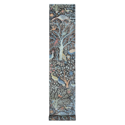 Graphite Gray, Afghan Peshawar Hand Knotted Organic Wool, Birds of Paradise Design, Natural Dyes, XL Runner Oriental Rug