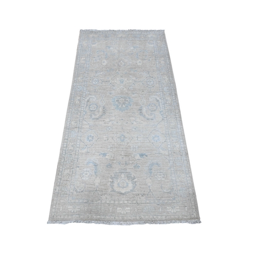 Gainsboro Gray, Hand Knotted, Natural Dyes, White Wash Peshawar With Heriz All Over Design, Soft And Velvety Wool, Fine Aryana Short Runner Oriental Rug