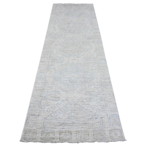 Alabaster White, Anatolian Inspired Tribal Geometric Elements, All Wool, Hand Knotted, Natural Dyes, Faded Out Runner Oriental Rug