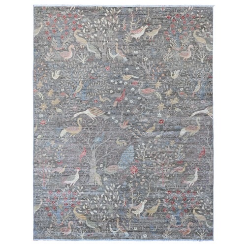 Nickel Gray, Afghan Peshawar with Birds of Paradise Design, Hand Knotted, Soft Wool, Vegetable Dyes, Oriental Rug