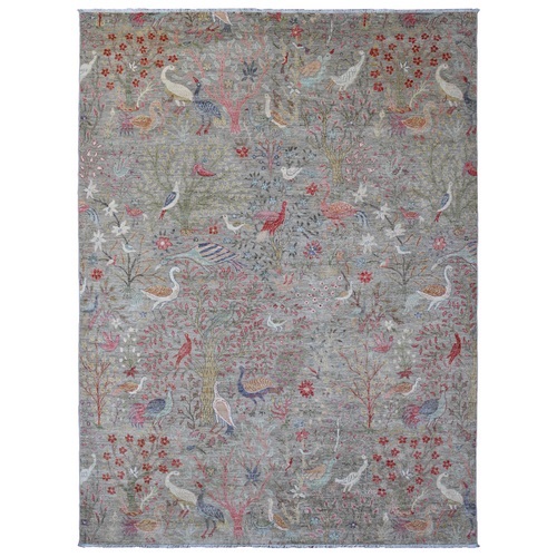 Jet Gray, Afghan Peshawar with Birds of Paradise Design, Soft Wool, Vegetable Dyes, Hand Knotted, Oriental Rug