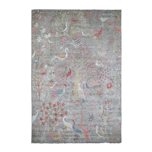 Medium Gray, Afghan Peshawar with Birds of Paradise Design, Hand Knotted, Soft Pile, 100% Wool, Veggie Dyes, Oriental Rug