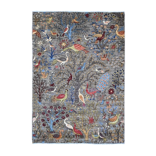 Nickel Gray, Afghan Peshawar with Colorful Birds of Paradise Design, Vegetable Dyes, Hand Knotted, Soft Wool, Oriental 