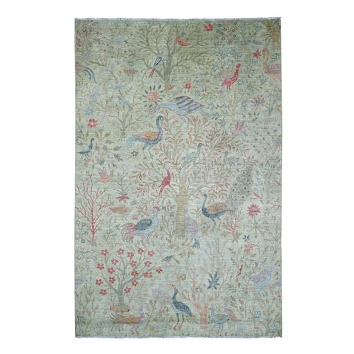 Pistachio Green, Afghan Peshawar with Birds of Paradise Design, Natural Dyes, Hand Knotted, Soft Wool, Oriental Rug