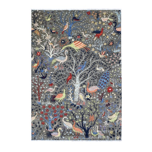 Sonic Gray, Afghan Peshawar with Colorful Birds of Paradise Design, Soft and Vibrant Wool, Hand Knotted, Natural Dyes, Oriental Rug