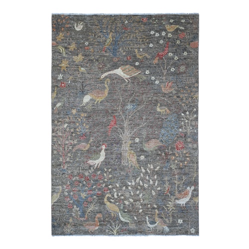 Dim Gray, Afghan Peshawar with Birds of Paradise Design, Hand Knotted, Veggie Dyes, Soft Wool, Oriental Rug