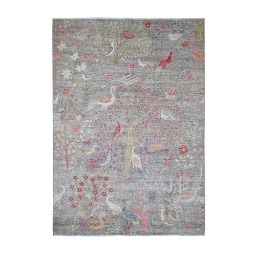 Medium Gray, Afghan Peshawar with Birds of Paradise Design, Hand Knotted, Soft Wool, Vegetable Dyes, Oriental Rug