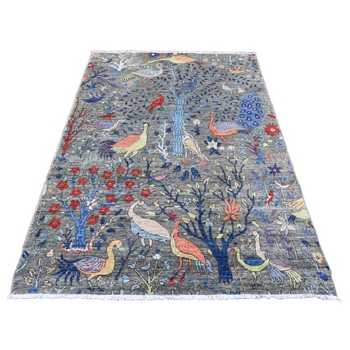 Nevada Gray, Afghan Peshawar with Birds of Paradise Design, Natural Dyes, Hand Knotted, Soft Wool, Oriental Rug