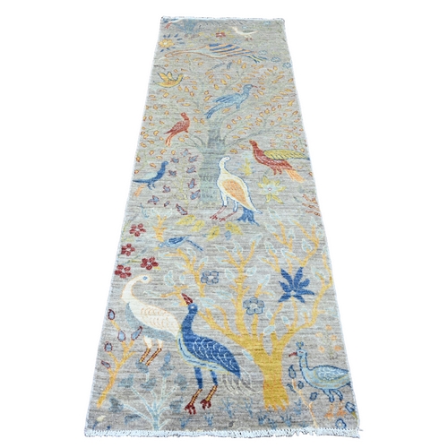 Cloud Gray, Soft Wool, Afghan Peshawar with Birds of Paradise Design, Hand Knotted, Vegetable Dyes, Runner, Oriental 