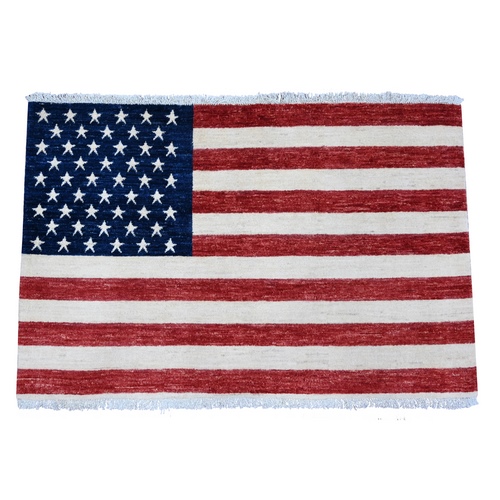 Old Glory Red, American Flag, Hand Knotted, Soft Wool, Peshawar, Wall Hanging, Oriental 