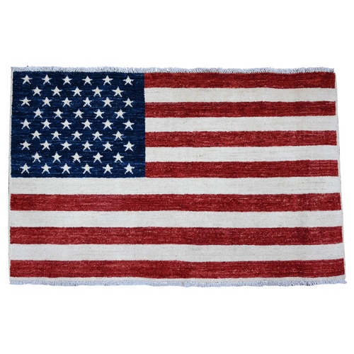 Old Glory Red, Wall Hanging, American Flag, Hand Knotted, Soft Wool, Peshawar, Oriental 