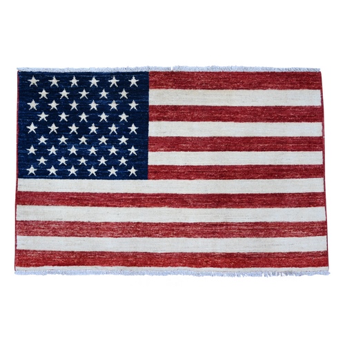 Old Glory Red, Hand Knotted, American Flag, Soft Wool, Peshawar, Wall Hanging, Oriental 