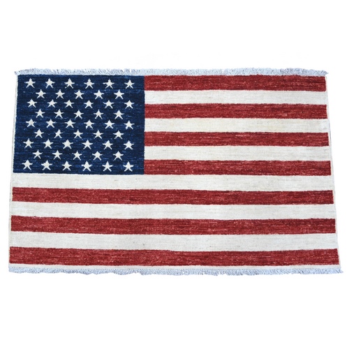 Old Glory Red, American Flag, Hand Knotted, Soft Wool, Peshawar, Wall Hanging, Oriental 