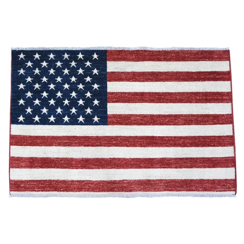 Old Glory Red, Hand Knotted, American Flag, Soft Wool, Peshawar, Wall Hanging, Oriental 