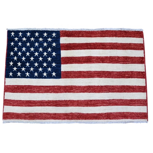 Old Glory Red, Wall Hanging, American Flag, Hand Knotted, Soft Wool, Peshawar, Oriental 