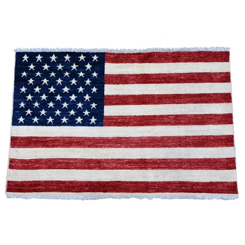 Old Glory Red, Soft Wool, American Flag, Hand Knotted, Peshawar, Wall Hanging, Oriental 