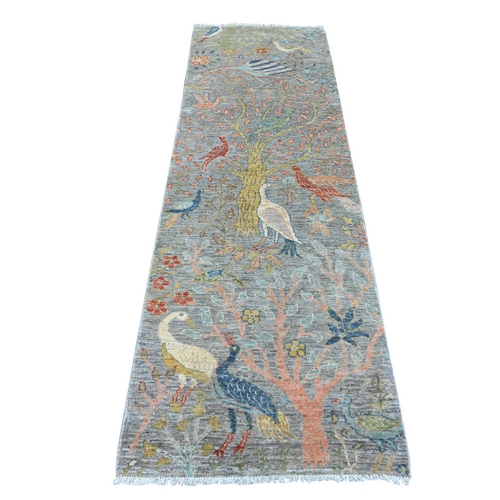 Moonstruck Gray, Afghan Peshawar with Birds of Paradise Design, Hand Knotted, Soft Wool, Vegetable Dyes, Runner, Oriental Rug