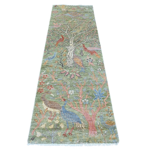 Pickle Green, Afghan Peshawar with Birds of Paradise Design, Hand Knotted, Soft Wool, Vegetable Dyes, Runner, Oriental Rug