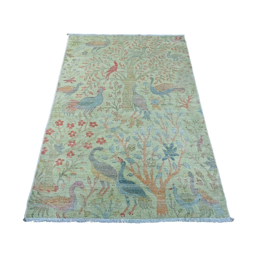 Laurel Green, Afghan Peshawar with Birds of Paradise Design, Soft 100% Wool, Natural Dyes, Hand Knotted, Oriental Rug