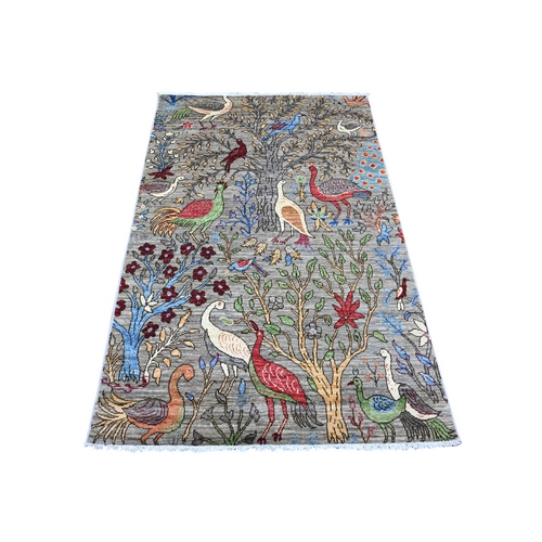 Spanish Gray, Afghan Peshawar with Birds of Paradise Design, Hand Knotted, Soft and Shiny Wool, Veggie Dyes, Oriental 