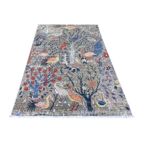 Sonic Gray, Hand Knotted, Afghan Peshawar with Birds of Paradise Design, Soft Wool, Vegetable Dyes, Oriental Rug