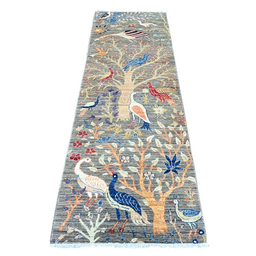 Nickle Gray, Afghan Peshawar, Tree of Life, Birds of Paradise Design, Hand Knotted, Vegetable Dyes, 100% Wool, Runner, Oriental 