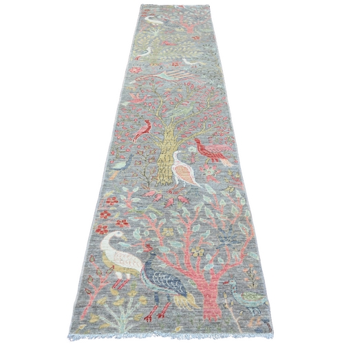 Mink Gray, Afghan Peshawar with Birds of Paradise Design, Soft Wool, Natural Dyes, Hand Knotted, Runner, Oriental Rug