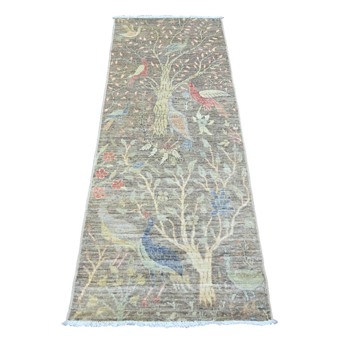 Stone Gray, Hand Knotted, Afghan Peshawar with Birds of Paradise Design, Veggie Dyes, 100% Wool, Runner, Oriental Rug