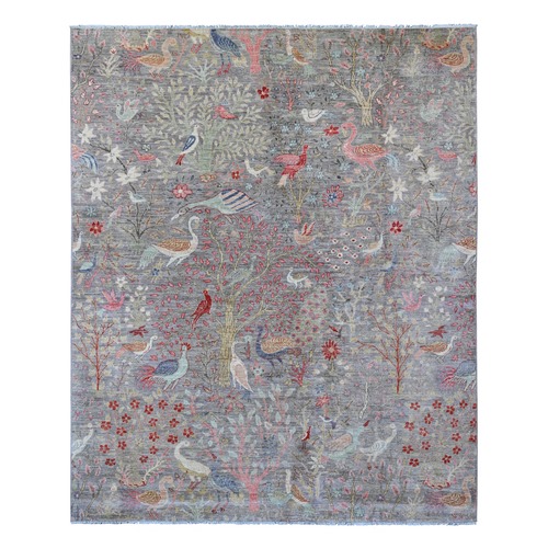 Sonic Gray, Afghan Peshawar with Birds of Paradise Design, Soft Wool, Hand Knotted, Veggie Dyes, Oriental Rug