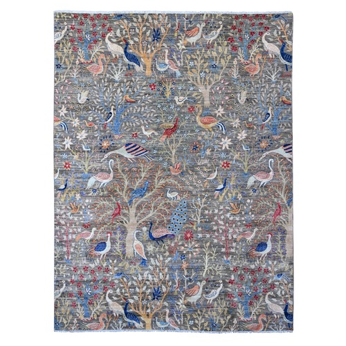 Nickel Gray, 100% Wool, Afghan Peshawar, Tree of Life, Birds of Paradise Design, Hand Knotted, Vegetable Dyes, Oriental Rug