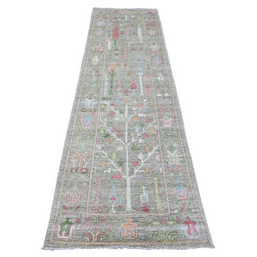 Sage Green, Afghan Angora Oushak with Colorful Cypress and Willow Tree Design, Natural Dyes, 100% Wool, Hand Knotted, Runner, Oriental Rug