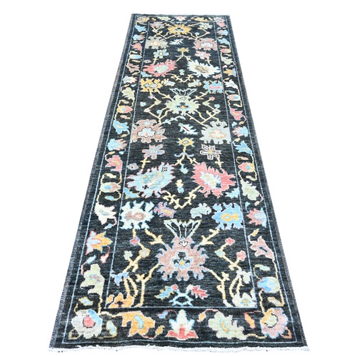 Charcoal Black, Afghan Angora Oushak with Floral Pattern, Hand Knotted, Veggie Dyes, Pure Wool, Runner, Oriental 