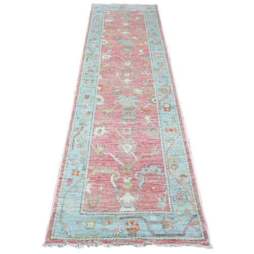 Punch Pink, Afghan Angora Oushak with All Over Vines Design, Vegetable Dyes, 100% Wool, Hand Knotted, Runner, Oriental Rug