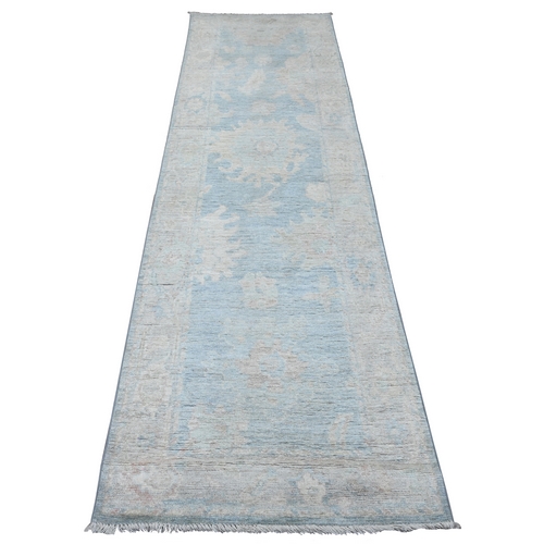 Cerulean Blue, Hand Knotted, Afghan Angora Ushak with Large Leaf Design, 100% Wool, Natural Dyes, Runner, Oriental Rug