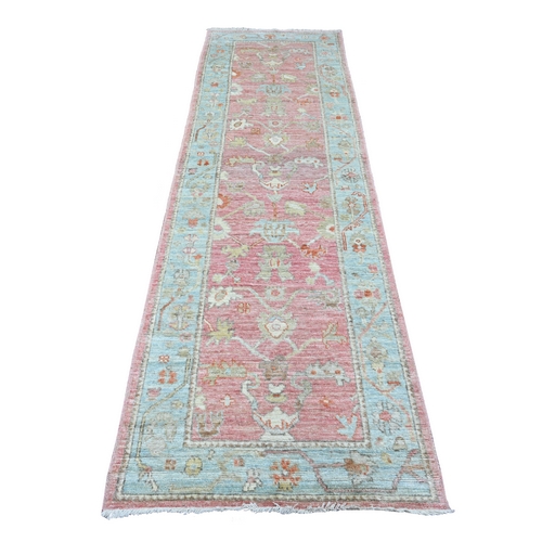 Rouge Pink, Afghan Angora Oushak with All Over Vines Design, Vegetable Dyes, Hand Knotted, 100% Wool, Runner, Oriental Rug