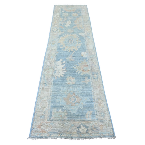 Cerulean Blue, Afghan Angora Oushak with Large Leaf Design, Natural Dyes, Hand Knotted, 100% Wool, Runner, Oriental Rug