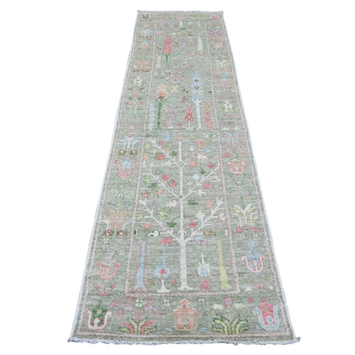 Laurel Green, Afghan Angora Oushak with Colorful Cypress and Willow Design, Vegetable Dyes, 100% Wool, Hand Knotted, Runner, Oriental Rug