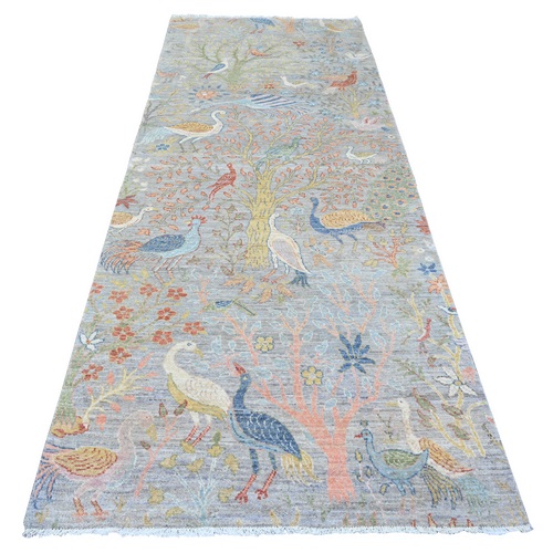 Medium Gray, Afghan Peshawar with Birds of Paradise Design, Hand Knotted, Soft Wool, Vegetable Dyes, Wide Runner, Oriental Rug