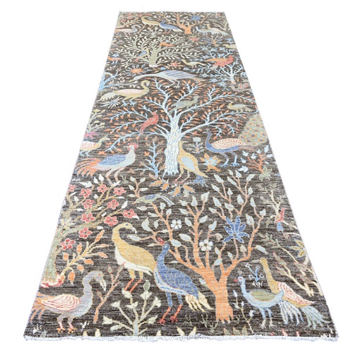 Carbon Gray, Afghan Peshawar with Birds of Paradise Design, Hand Knotted, Natural Dyes, Soft and Velvety Wool, Wide Runner, Oriental Rug