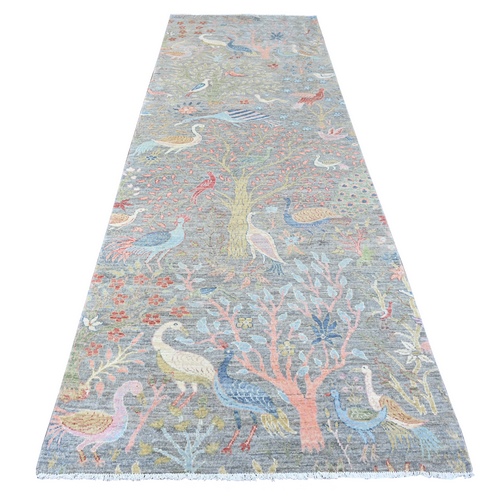 Jet Gray, Hand Knotted, Afghan Peshawar with Birds of Paradise Design, Soft Wool, Vegetable Dyes, Wide Runner, Oriental Rug