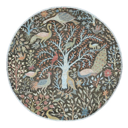 Dim Gray, Afghan Peshawar, Tree of Life, Birds of Paradise Design, Hand Knotted, Vegetable Dyes, 100% Wool, Round, Oriental Rug