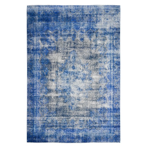 Denim Blue, Sheared Low, Sides And Ends Secured Professionally, Pure Wool, Hand Knotted, Overdyed Vintage Persian Kerman, Clean, Oriental 