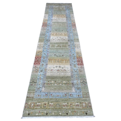 Reseda Green and Blue Border, Fine Kashkuli Gabbeh, Hand Knotted With Small Animals Figurines, Vibrant Wool, Vegetable Dyes, Runner Oriental Rug